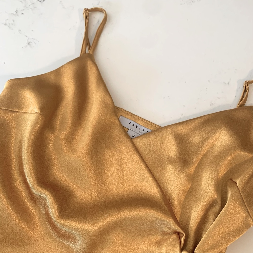 Favlux Yellow Gold Wrap Satin Ruffle Mini Dress
